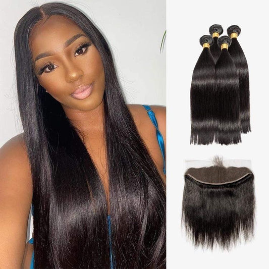 9A Straight Virgin Hair Natural Black 3 Bundles 13x4 Lace Frontal