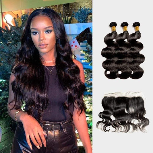 9A Body Wave Virgin Hair Natural Black 3 Bundles 13x4 Frontal