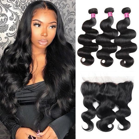 9A Body Wave Virgin Hair Natural Black 3 Bundles 13x4 Frontal