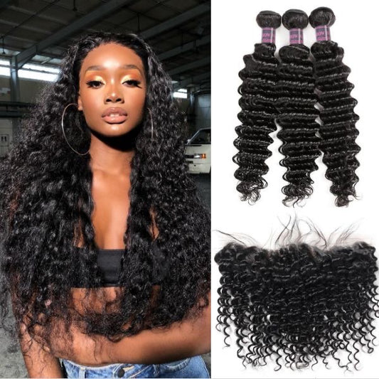 9A Deep Wave Virgin Hair Natural Black 3 Bundles 13x4 Frontal