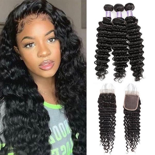 9A Deep Wave Virgin Hair Natural Color 3 Bundles 4x4 Closure