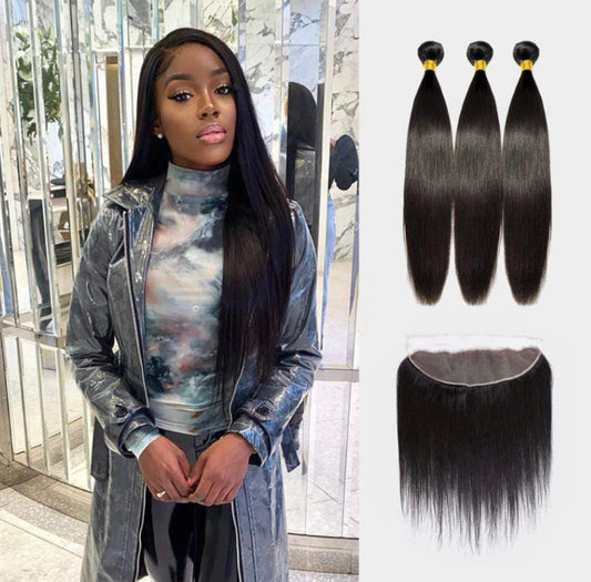 9A Straight Virgin Hair Natural Black 3 Bundles 13x4 Lace Frontal