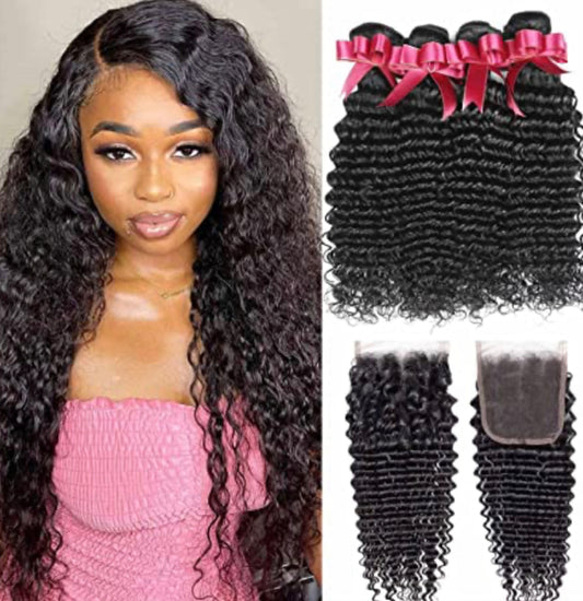 9A Deep Wave Virgin Hair Natural Color 3 Bundles 4x4 Closure