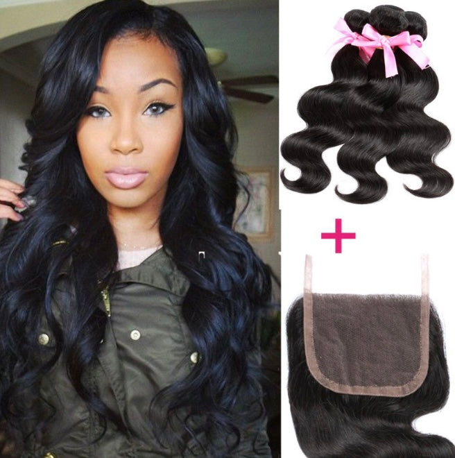 9A Body Wave Virgin Hair Natural Black 3 Bundles 4x4 Closure