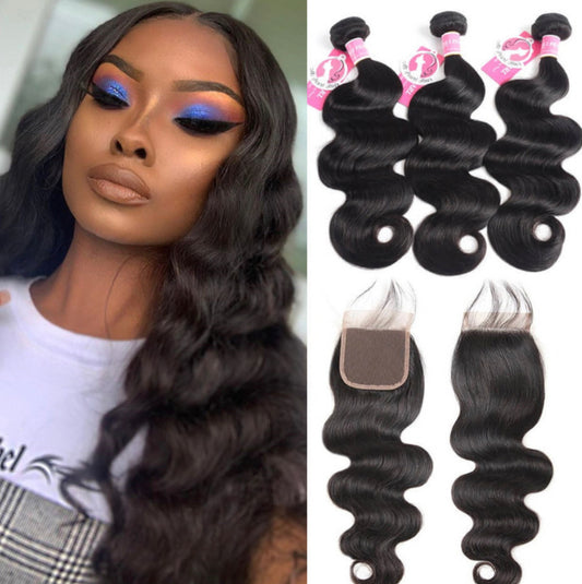 9A Body Wave Virgin Hair Natural Black 3 Bundles 4x4 Closure