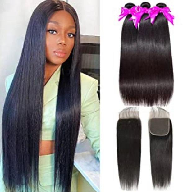 10A Straight Virgin Hair 4x4 Closure 3 Bundles Natural Black