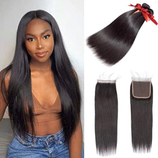 10A Straight Virgin Hair 4x4 Closure 3 Bundles Natural Black