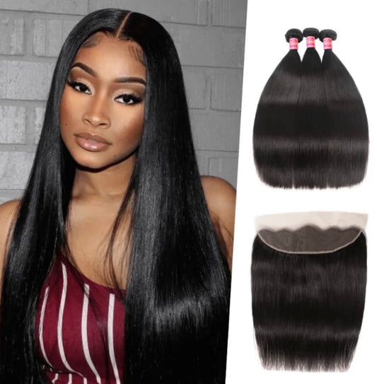 10A Straight Virgin Hair 13x4 Lace Frontal 3 Bundles Natural Black