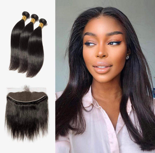 10A Straight Virgin Hair 13x4 Lace Frontal 3 Bundles Natural Black