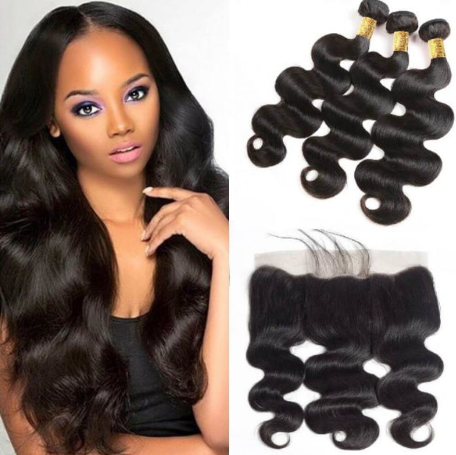 10A Body Wave Virgin Hair 13x4 Lace Frontal 3 Bundles Natural Color