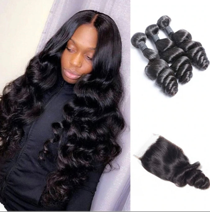 10A Loose Wave Natural Black 4x4 Closure 3 Bundles