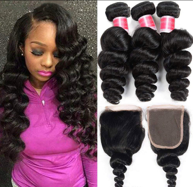 10A Loose Wave Natural Black 4x4 Closure 3 Bundles