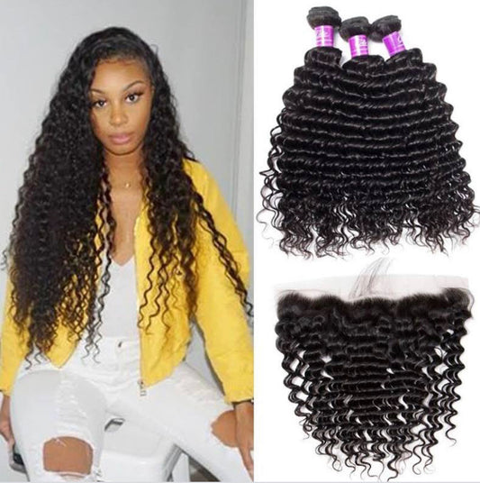 10A Deep Wave Virgin Hair 13x4 Lace Frontal 3 Bundles