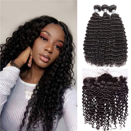 10A Deep Wave Virgin Hair 13x4 Lace Frontal 3 Bundles