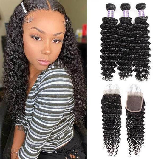 10A Deep Wave Natural Black 4x4 Lace Closure 3 Bundles